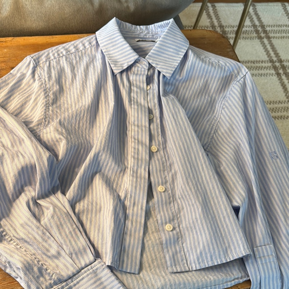 Simkhai Blue Striped Button-Up Cropped Shirt Large